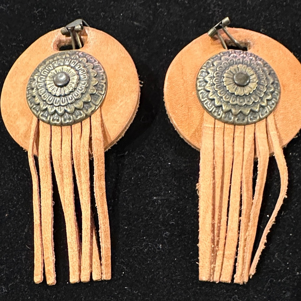 Vintage 90s Leather Concho Fringe Earrings • Western Cowgirl • Brass‑Tone • 4"